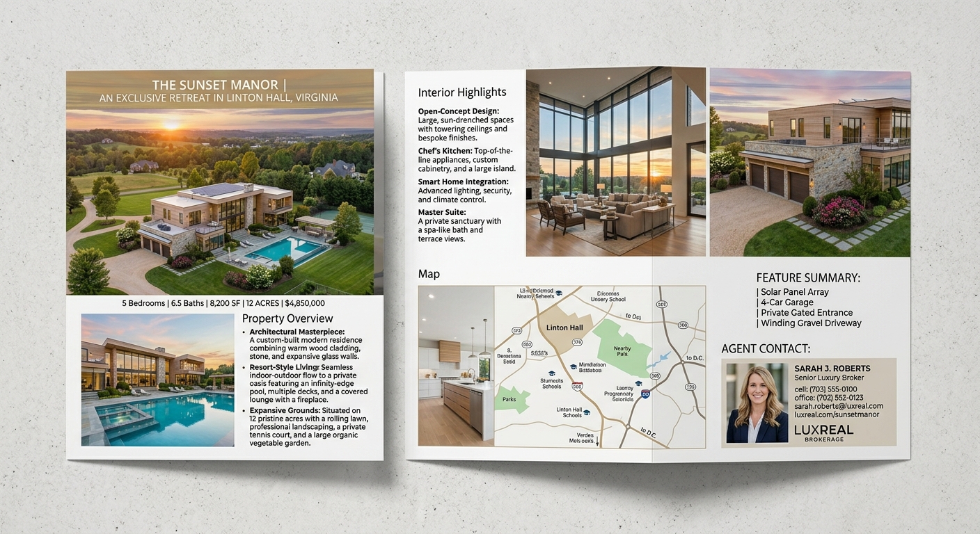Sample printed listing flyer and open brochure with property photos, highlights, map and agent contact panel