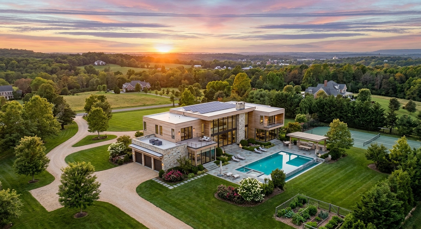 Aerial photo of a modern home, pool and grounds at sunset
