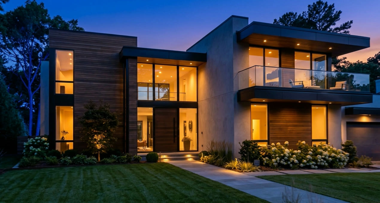Modern home exterior at twilight, with interior lights glowing