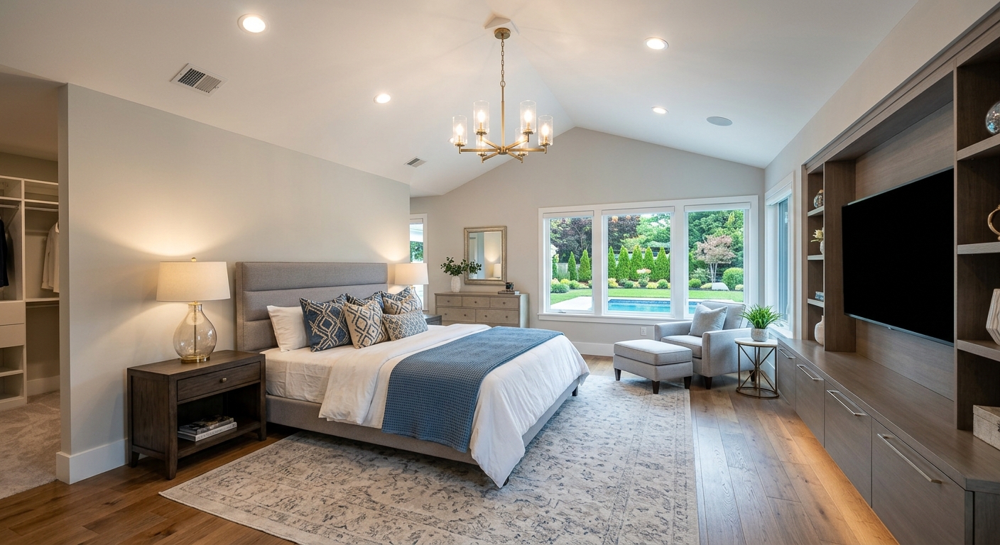 Bedroom after virtual staging, furnished with a bed, nightstands, rug and seating